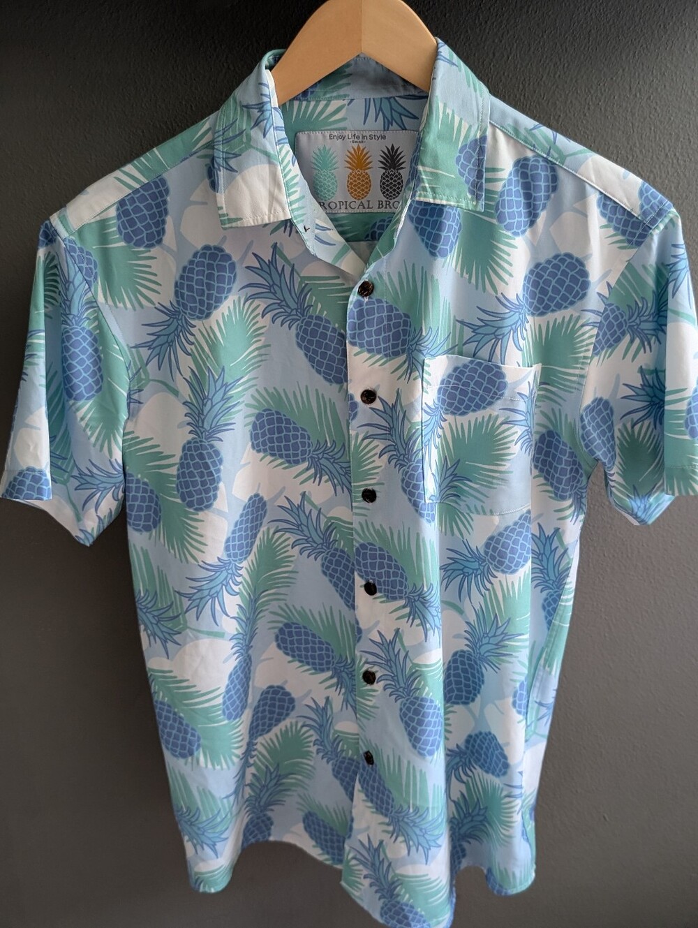 Tropical Bros Men's Small Stretch Hawaiian Shirt Blue Casual Button Down